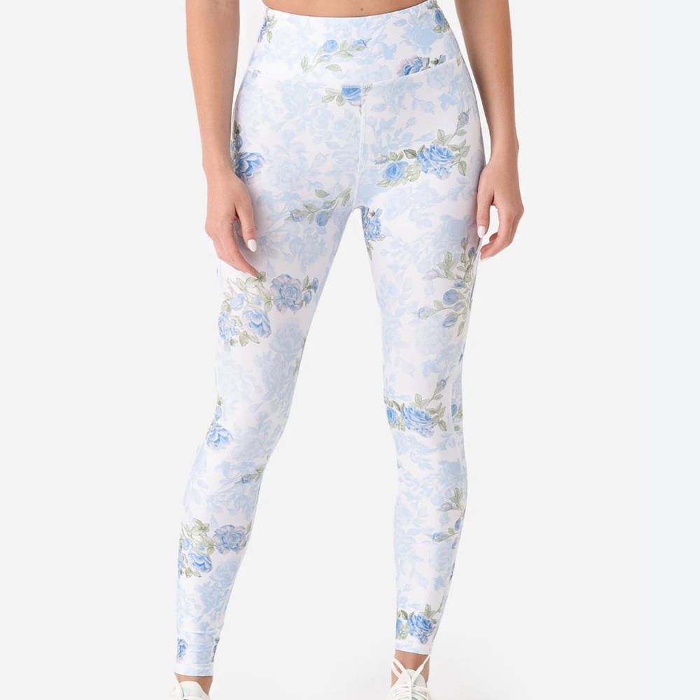 LoveShackFancy blue floral workout leggings